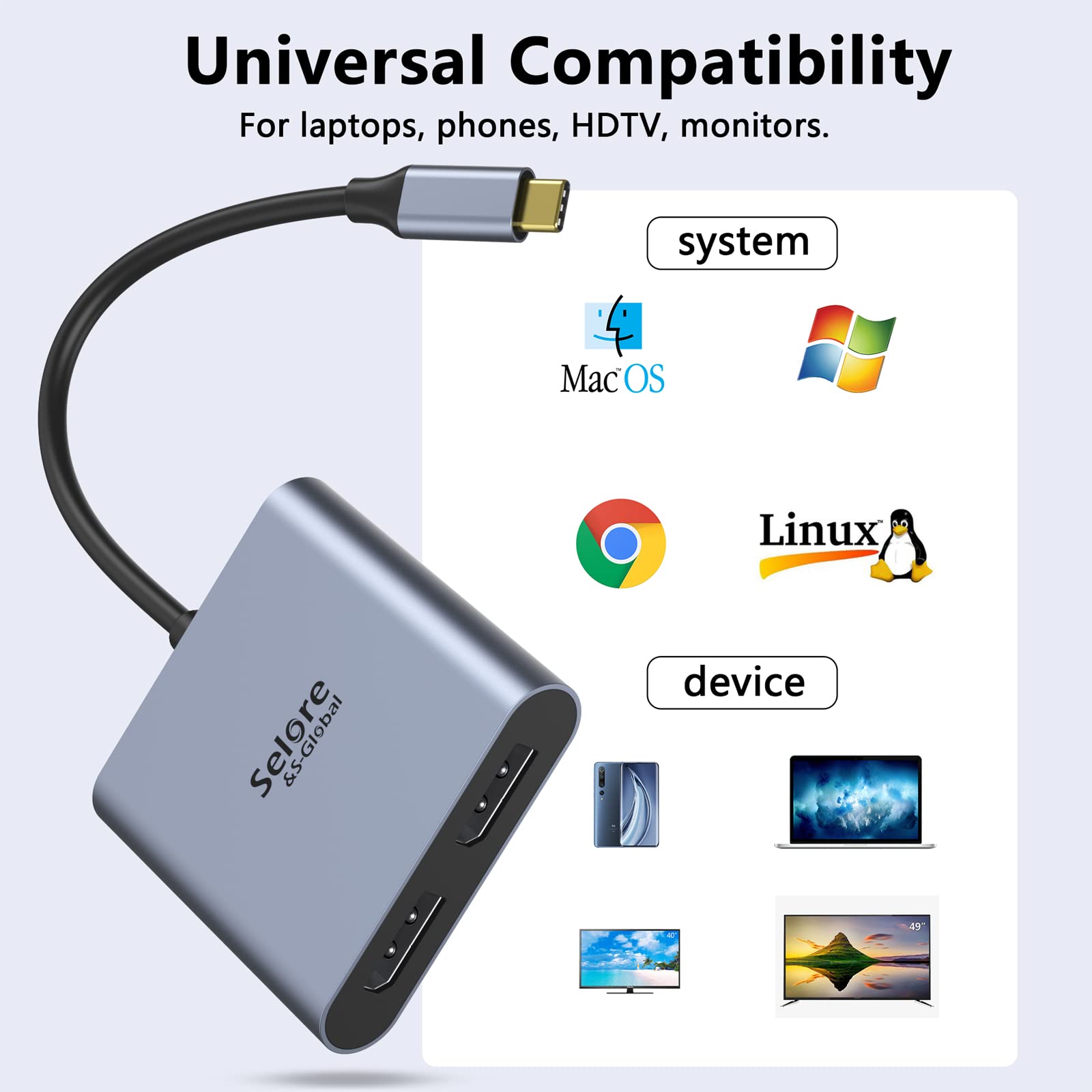 USB-C to Dual 4K DisplayPort Splitter Adapter, USB Type C to Displayport Dual Monitor Converter 4K 60HZ, USB C Displayport Hub Compatible for Dell XPS 13 15,Lenovo Yoga,Sumsung Chromebook,HP etc