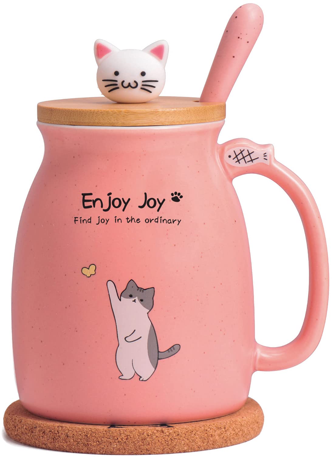 Feify Cute Cat Cup Ceramic Coffee Mug with Kawaii Cat Wooden Lid, Lovely Stainless Steel Spoon, Anime Kitty Thicken Wooden Coaster, Christmas Birthday Cute Thing Japanese Mug 16oz (Pink)