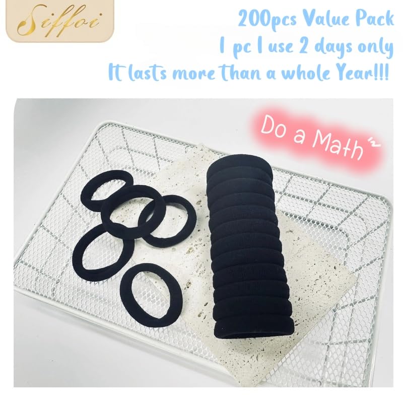 SIFFOI Soft Hair Ties, Black Cotton Seamless Hair Tie with Free Organizer Ring, Premium Hair Bands for Women, Men and Girls (100, BLACK)