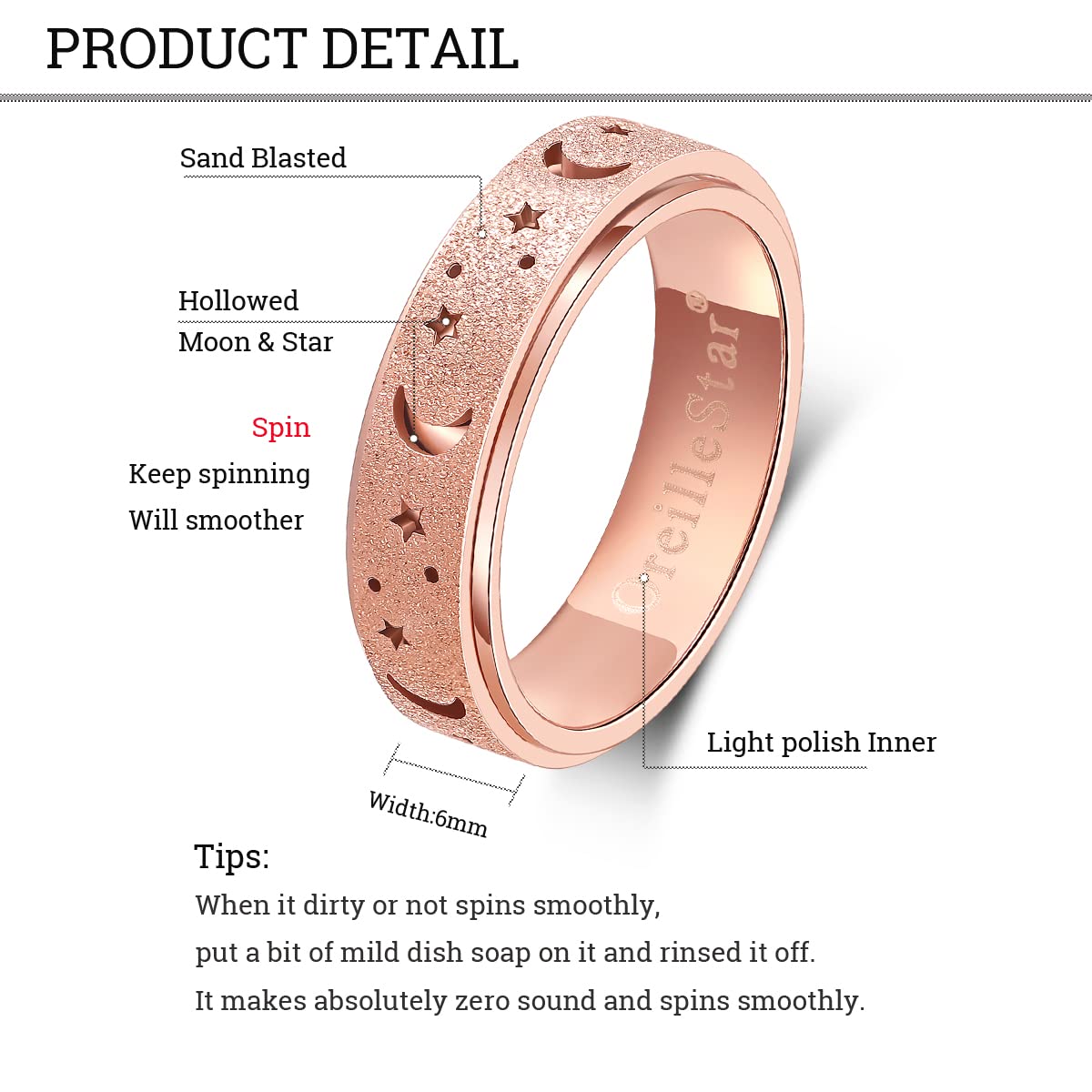 OreilleStar Anxiety Ring for Women Spinner Ring Fidget Toys Adults Fidget Ring Spinner Rings for Women Stainless Steel Anxiety Moon Star Rose Gold