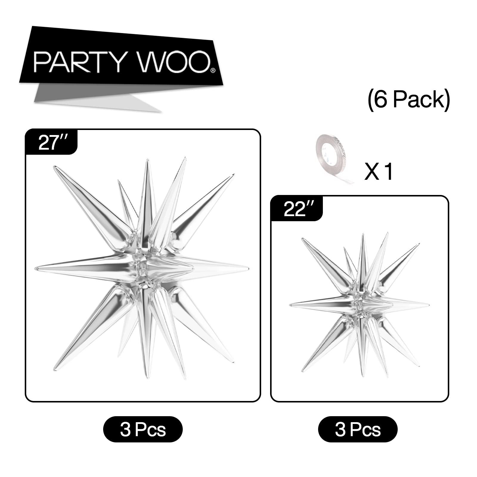 PartyWoo Metallic Silver Star Foil Balloons 6pcs Different Sizes Pack of 27 22 Inch Starburst Spike Mylar Balloons for Graduation Anniversary Bachelorette Engagement Birthday Party Decorations