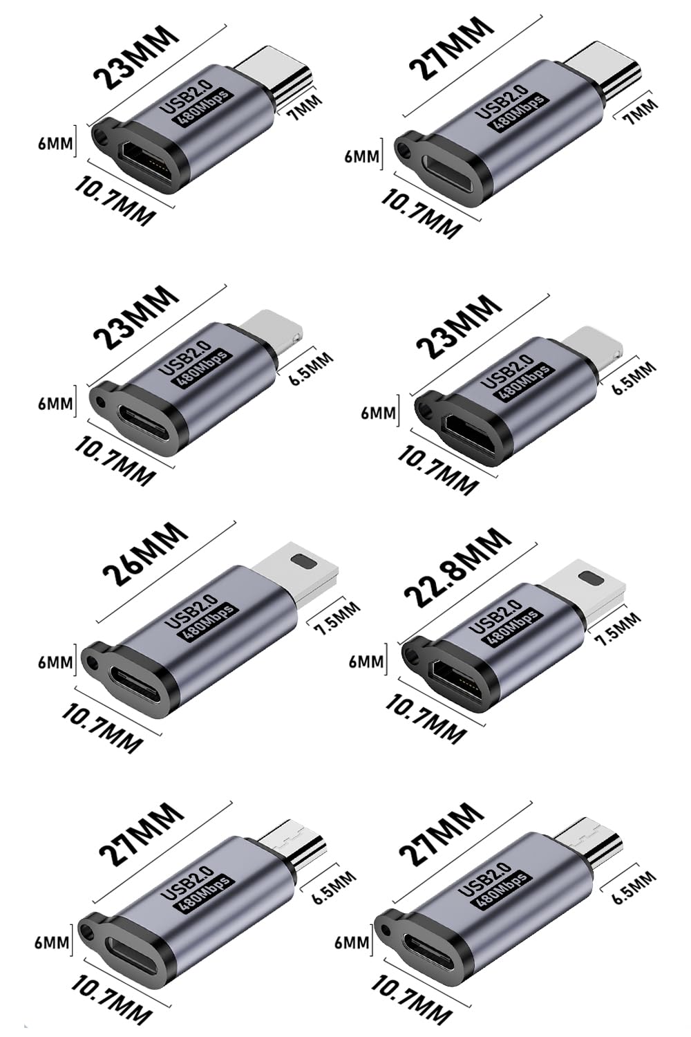 Jadebones USB C/Lightning to Micro USB Adapter, Type C to Lightning Converter, USB C to Mini USB Connector (8 Pack)