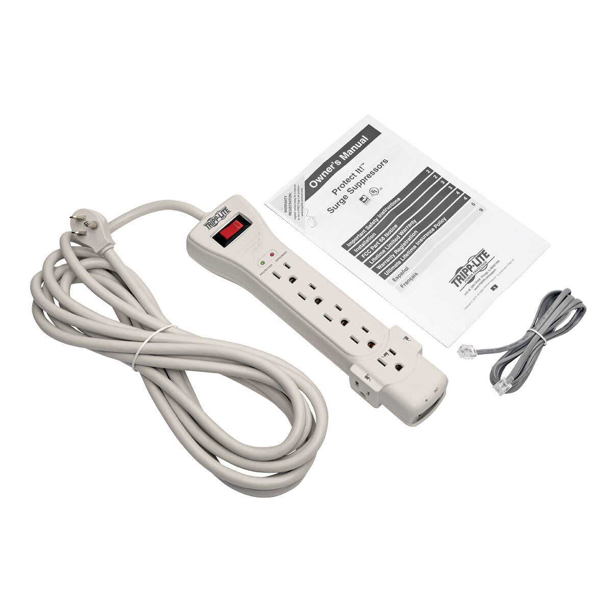 Tripp Lite 7 Outlet Surge Protector Power Strip, 15ft. Extra Long Cord, Right Angle Plug, Fax/Modem Protection, RJ11, $75K Insurance & Manufacturer's Warranty (SUPER7TEL15)