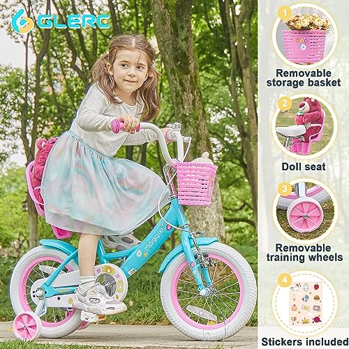 Glerc Maggie 12 Inch Girls Bike Ages 1 2 3 4 Years Old Kids Bicycle Princess Style with Doll-Seat & Basket & Training Wheels & Bell for Birthday, Blue