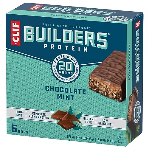 CLIF Builders - Chocolate Mint Flavor - Plant Based Protein Bars - Gluten Free - Non-GMO - Low Glycemic - 20g Protein - 2.4 oz. (6 Pack)