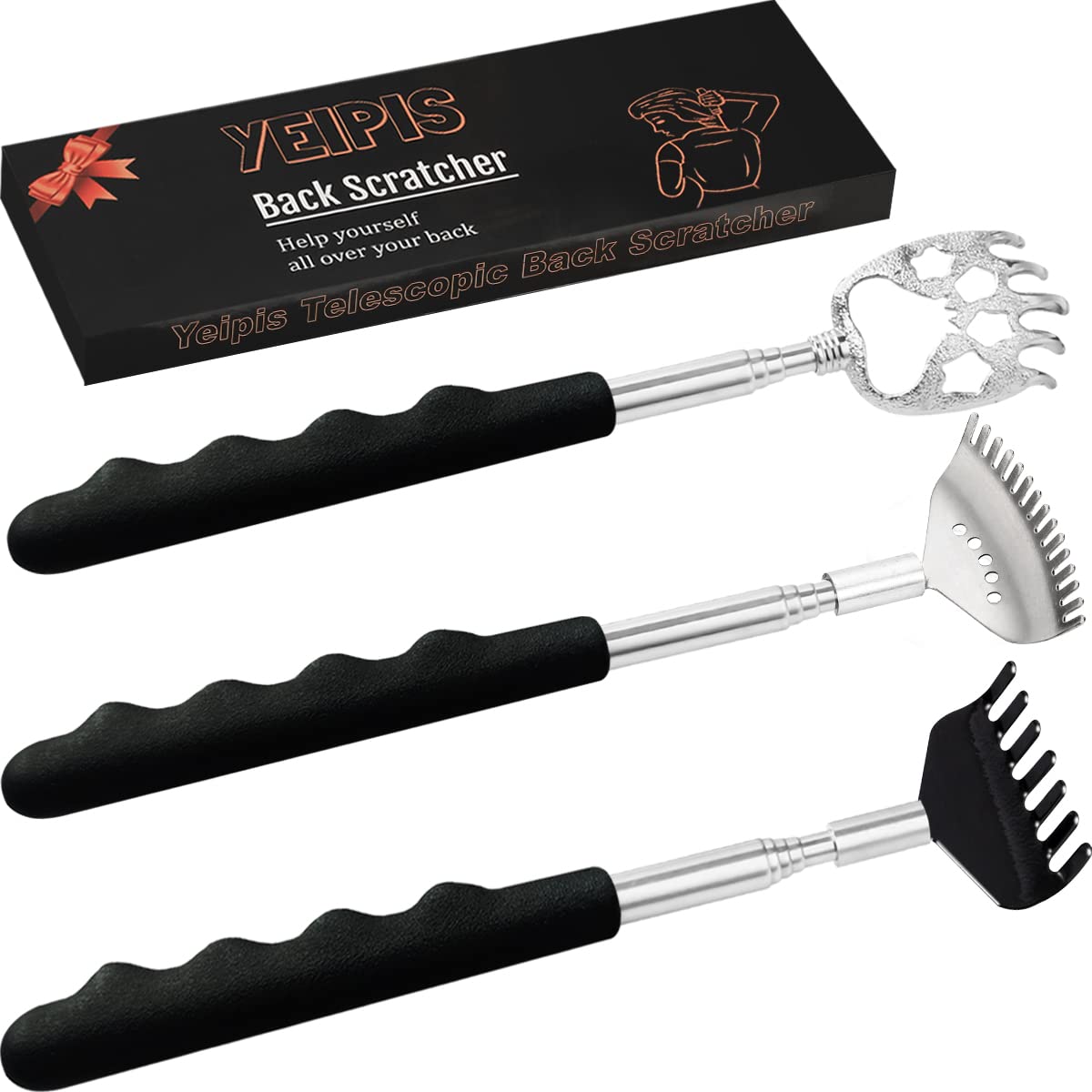 Yeipis 3 Pack Different Back Scratcher Metal Portable Telescoping with Rubber Handles, Extendable Back Massager Tool with Beautiful Box, Stocking Stuffers for Men Women Kids Adults (Black)