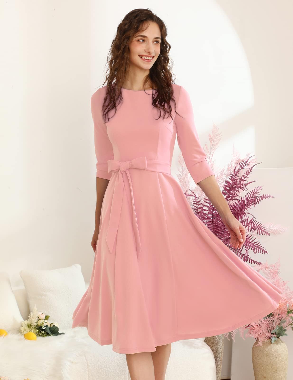 DRESSTELLS Cocktail Dress, Women's Wedding Guest Dresses, 3/4 Sleeves 1950s Vintage Tea Party Dress, 2024 Fall Homecoming Dress, Fit and Flare Casual Dress Blush M