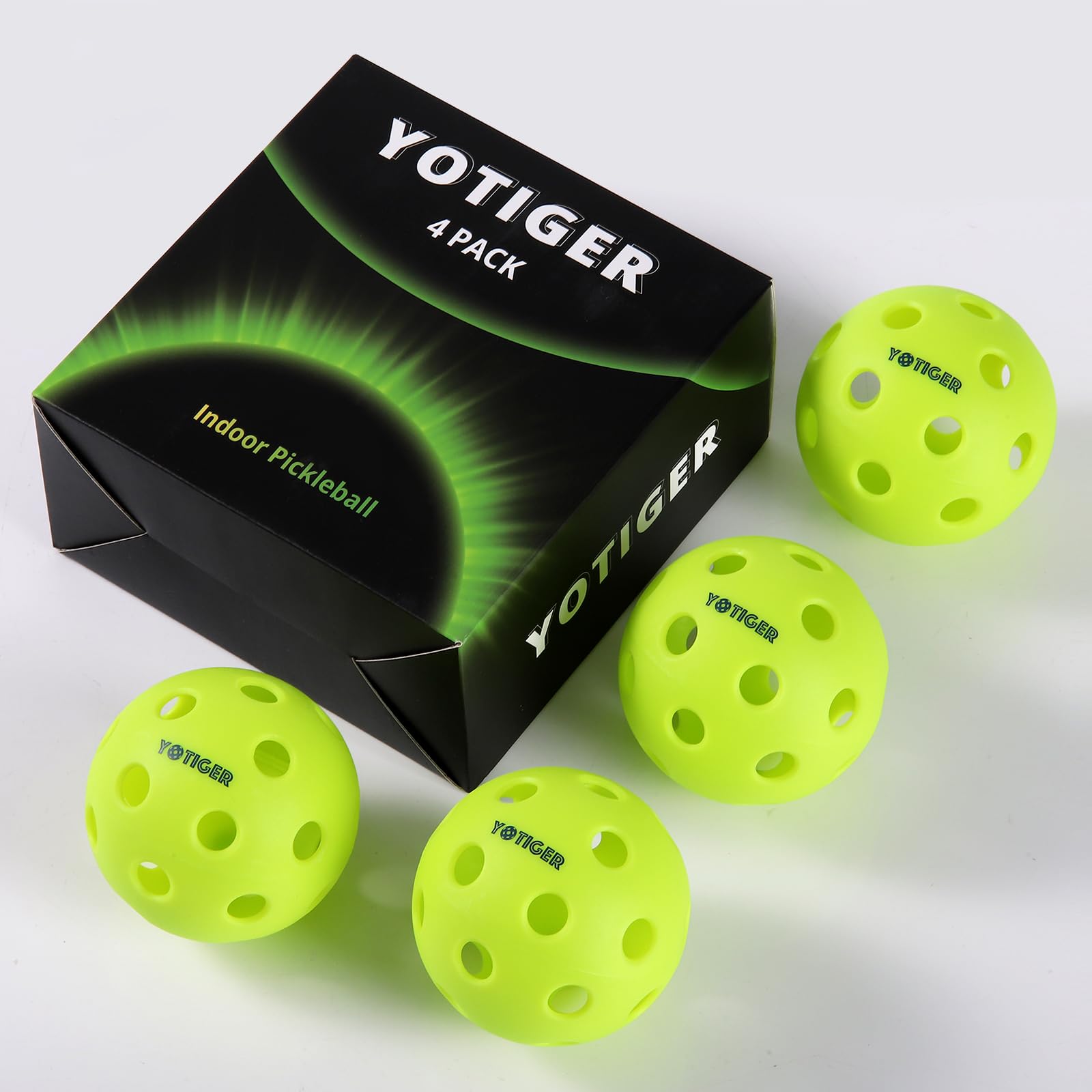 YOTIGER Indoor Pickleball Balls 4-Pack, 26 Holes High Bounce Durable Green Pickle Balls, Perfectly Balanced Pickleball Ball for All Style Pickleball Paddles & All Skill Levels