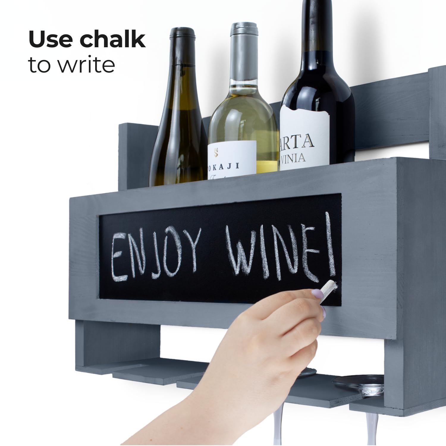 Wooden Wine Bottle Rack Wall Mounted with Glass Holder and Chalk Board - Liquor and Whiskey Shelf - Home Bar Shelves for Wall - Modern Kitchen Farmhouse Decor