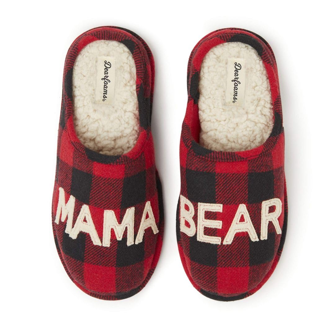 Dearfoams Women's Gifts for Mom Cute Cozy Mothers Day Mama Bear Slipper, Buffalo Plaid, 9-10