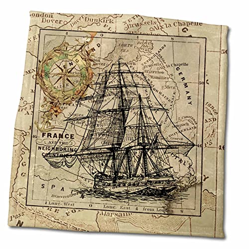 3D Rose Image of Black Ghost Ship On Vintage European Map Hand Towel, 15" x 22"