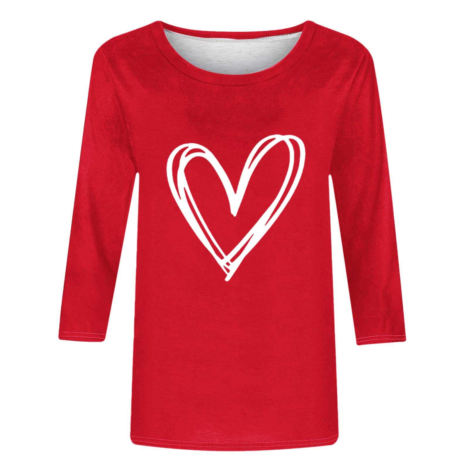 Warehouse Amazon Warehouse Deals Valentines Shirts for Women Trendy 2025 Cute Love Heart Print Tunic Tops Plus Size Casual Summer 3/4 Sleeve Blouses Valentines Day Tshirts L