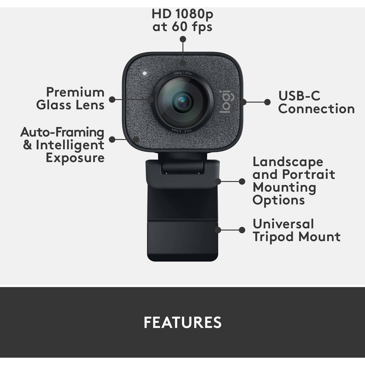 Logitech StreamCam Plus Webcam with Tripod Mount (Graphite), 1080p