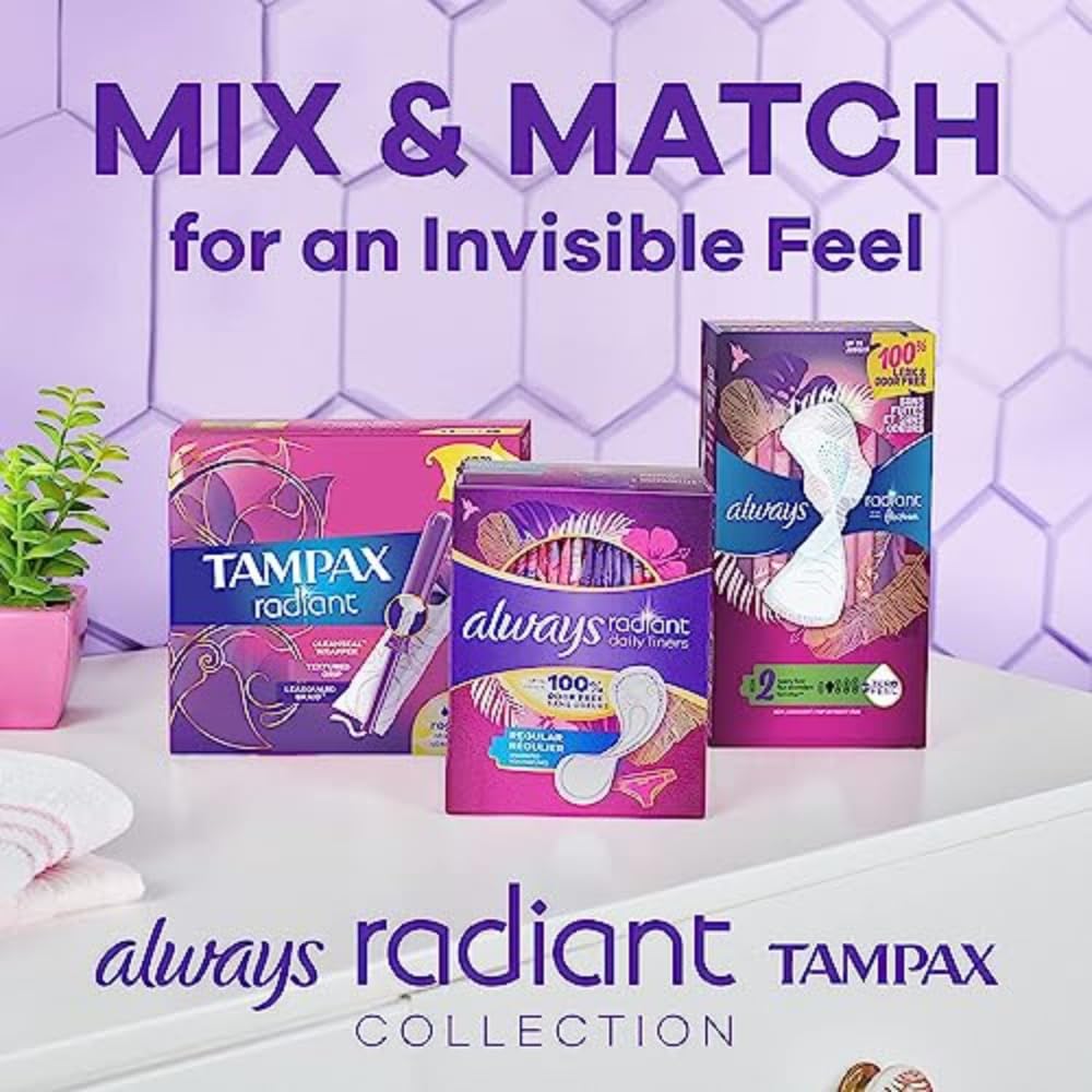 Tampax Radiant Tampons Super Absorbency with BPA-Free Plastic Applicator and LeakGuard Braid, Unscented, 42 Count