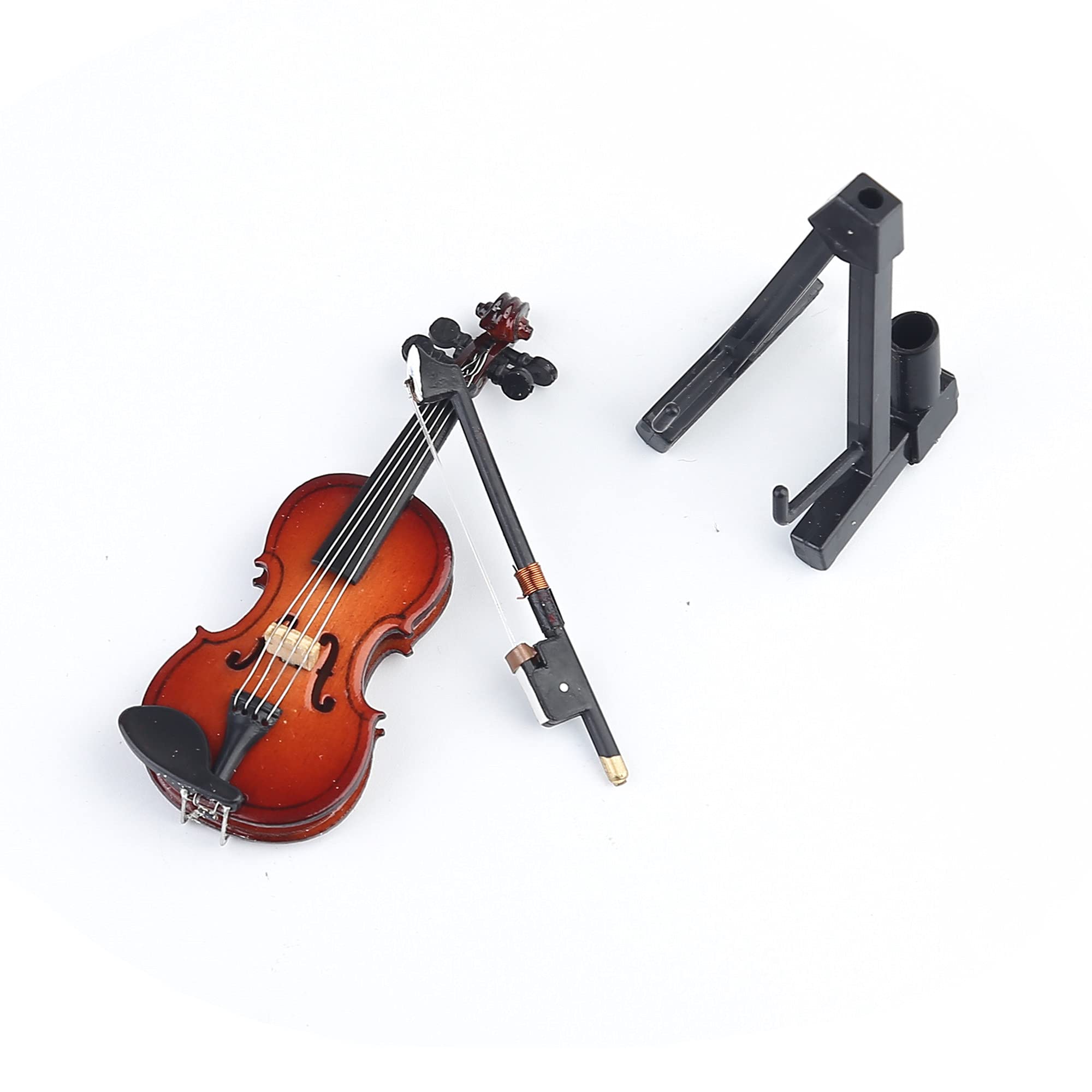 Dselvgvu Wooden Miniature Violin with Stand,Bow and Case Mini Musical Instrument Miniature Dollhouse Model Home Decoration (3.15"x1.18"x0.59")