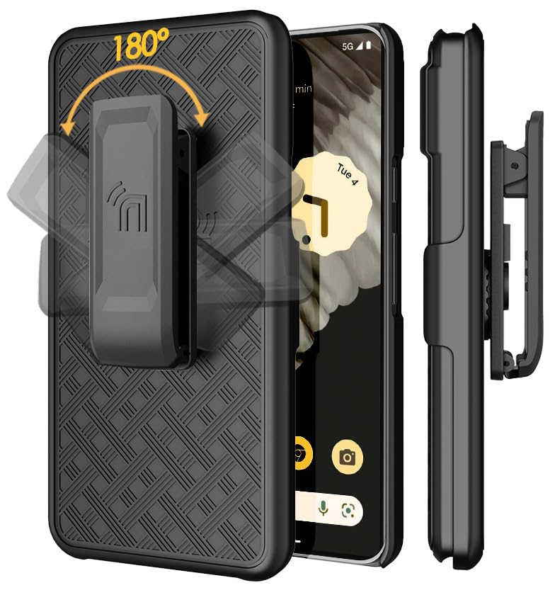 Case with Clip for Google Pixel 8, Nakedcellphone [Grid Texture] Slim Hard Shell Cover with Stand and [Rotating/Ratchet] Belt Hip Holster Holder Combo - Matte Black