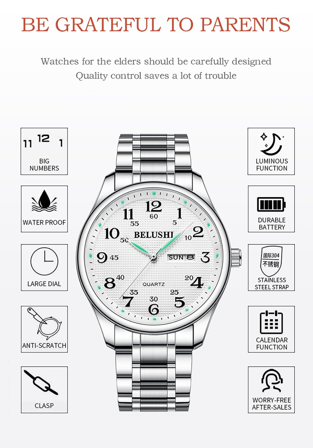 BESTKANG Large Face Easy to Read Stretch Band Watch， Women's Men's Stainless Steel Wrist Watch (Silver2)