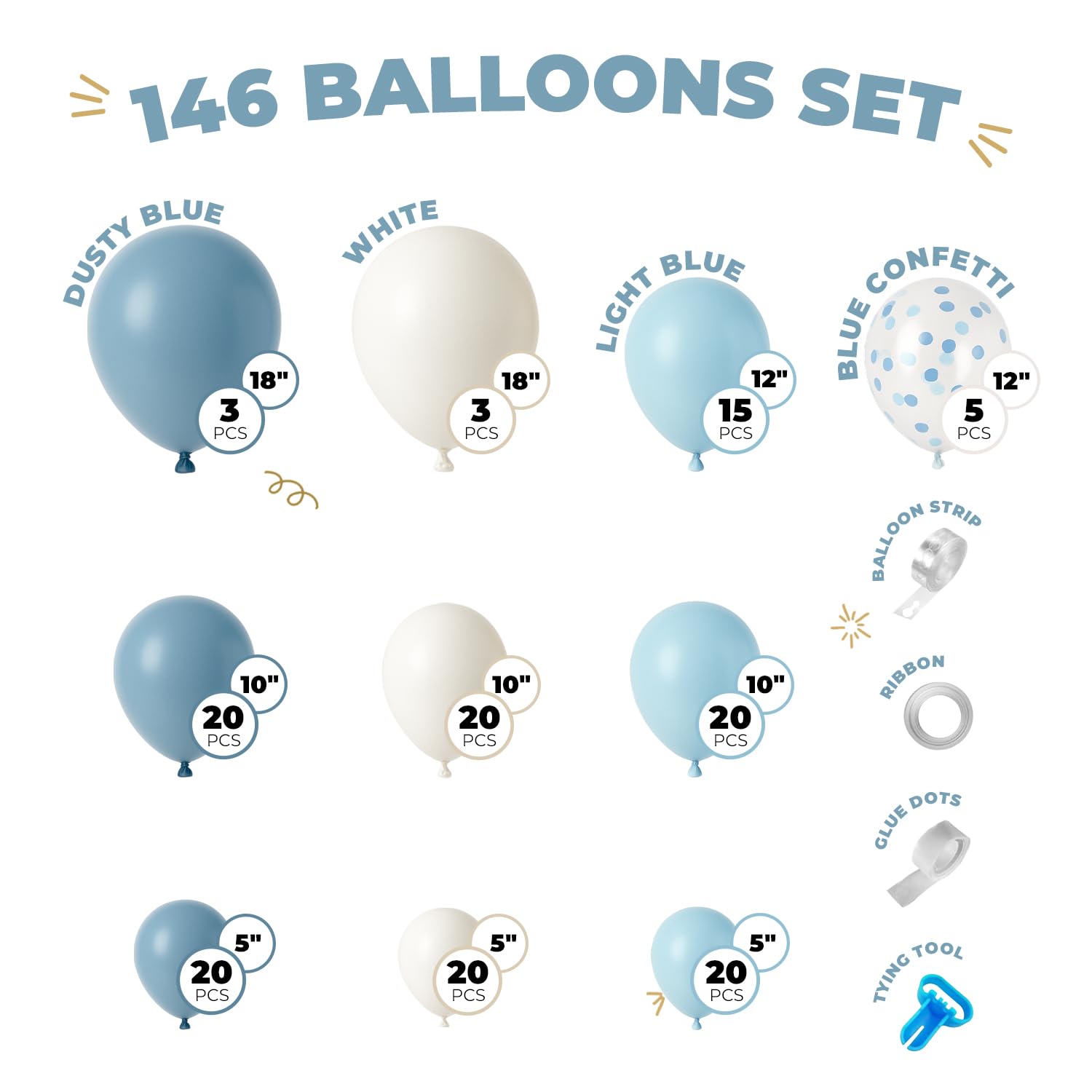 Balloon Garland Arch Kit – 146 Pcs Dusty Blue, White, Light Blue & Confetti Balloons & Baby Shower Boxes with Letters – White Boxes with White, Dusty Blue, Light Blue and Confetti Balloons