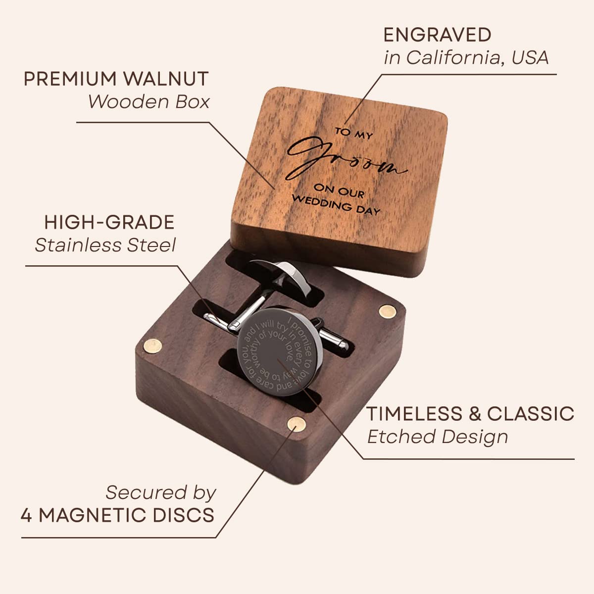 MUUJEE Cufflinks with Engraved Wood Gift Box - To My Groom on Our Wedding Day Mens Unique Fiance Gift from the Bride or Wife for Future Husband on Marriage Ceremony Premium Stainless Steel