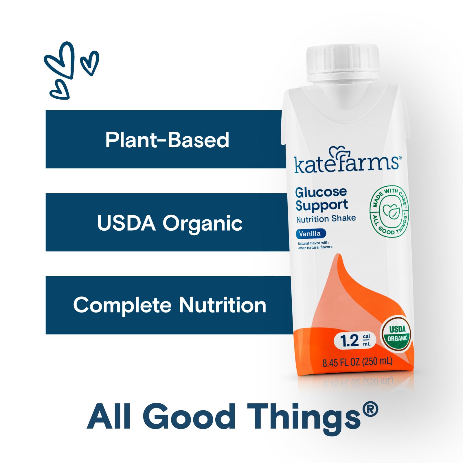 KATE FARMS Organic 1.2 Glucose Support Shake, Vanilla, 16g Protein, 27 Vitamins and Minerals, Diabetic Nutrition Meal Replacement, 8.45 oz (12 Pack)