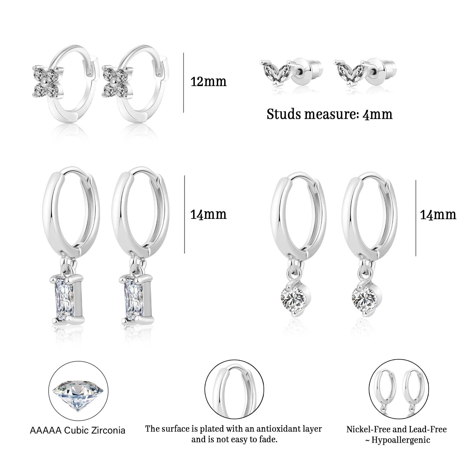 Cuzmly Silver Earrings Set for Women, Dainty Huggie Hoop Earrings 925 Sterling Silver Lightweight Cartilage Earrings Trendy Hypoallergenic Small Multiple Piercing Diamond Earrings Silver Jewelry Gifts