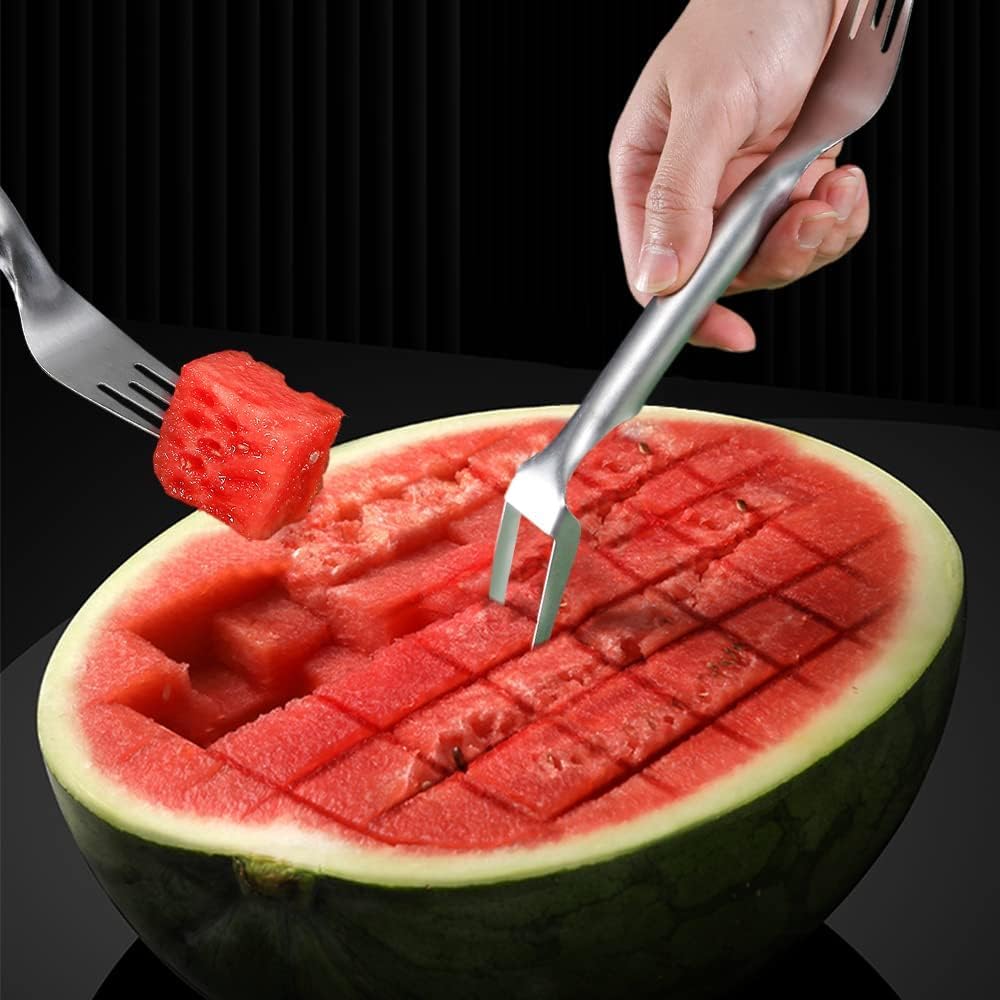 2-in-1 Stainless Steel Fruit Cutter, 2024 New Watermelon Fork Slicer Cutter Slicer Tool, Dual Head Fruit Forks Slicer Knife for Home Parties Camping (2Pcs)