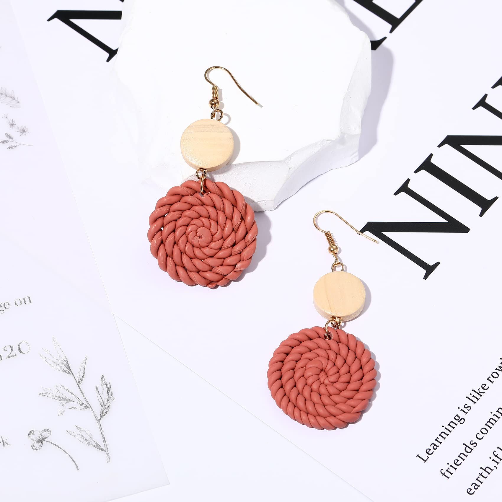 PWUEITR Clay Dangle Earrings Handmade Braided Rattan Earrings Round Square Heart Earrings Vintage Drop Earrings Jewelry Gift for Women,Round 7cm