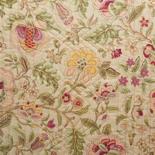 Waverly Imperial Dress Jacobean Floral Soft All Season Reversible 4-Piece Quilt Bedspread Set, King, Porcelain