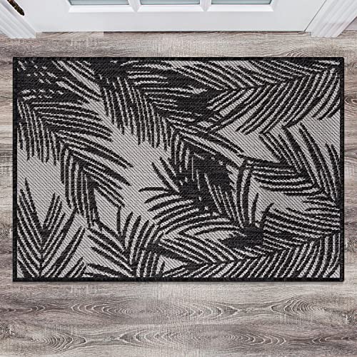 Rugshop Contemporary Distressed Leaves Textured Flat Weave Easy Cleaning Outdoor Rugs for Deck,Patio,Backyard Indoor/Outdoor Area Rug 2' x 3' Black