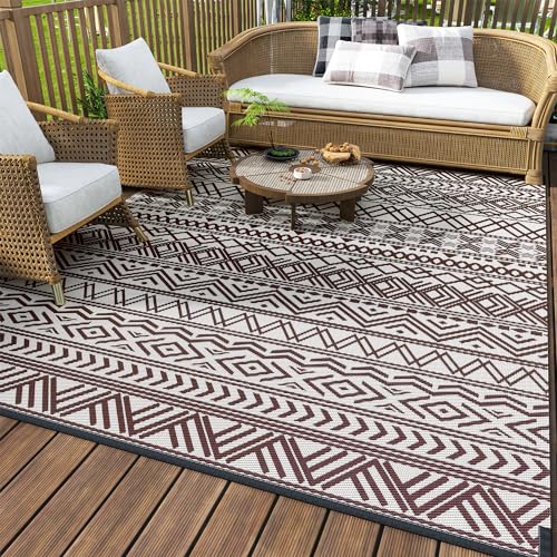 MontVoo-Outdoor Rug Carpet Waterproof 5x8 ft Reversible Patio Rug RV Camping Rug-Plastic Straw Rug Outside Indoor Outdoor Area Rug for Patio Deck Balcony Picnic Beach Outdoor Decor Boho Beige Brown
