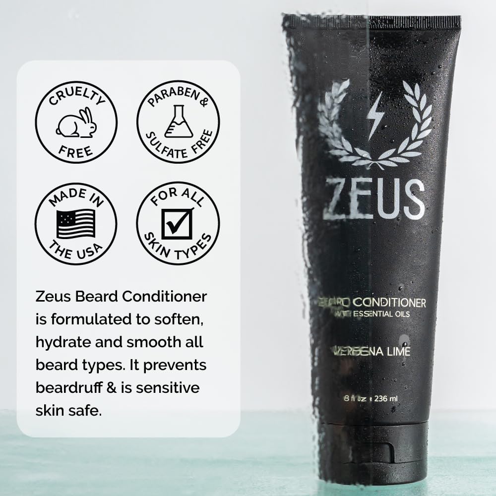 ZEUS Beard Conditioner Wash, Cleansing & Moisturizing Beard Wash with Green Tea & Natural Ingredients to Soften Beard – 8 oz. (Made in USA) Verbena Lime