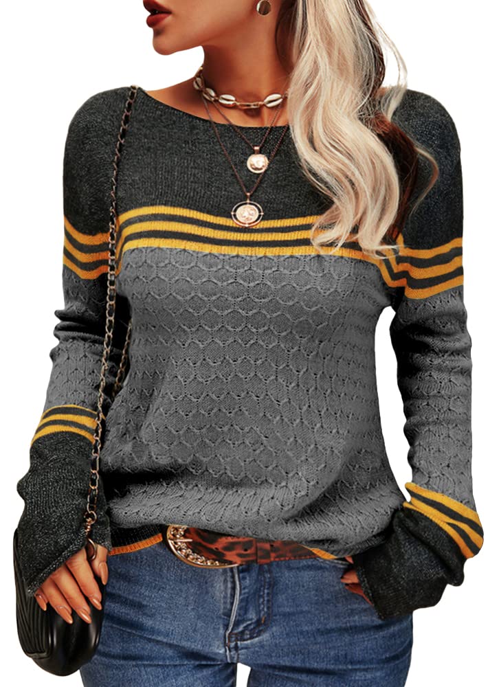 Danedvi Women Autumn Winter Colorblock Pullover Sweaters Round Neck Striped Slim Fitting Knitwear Tops Black