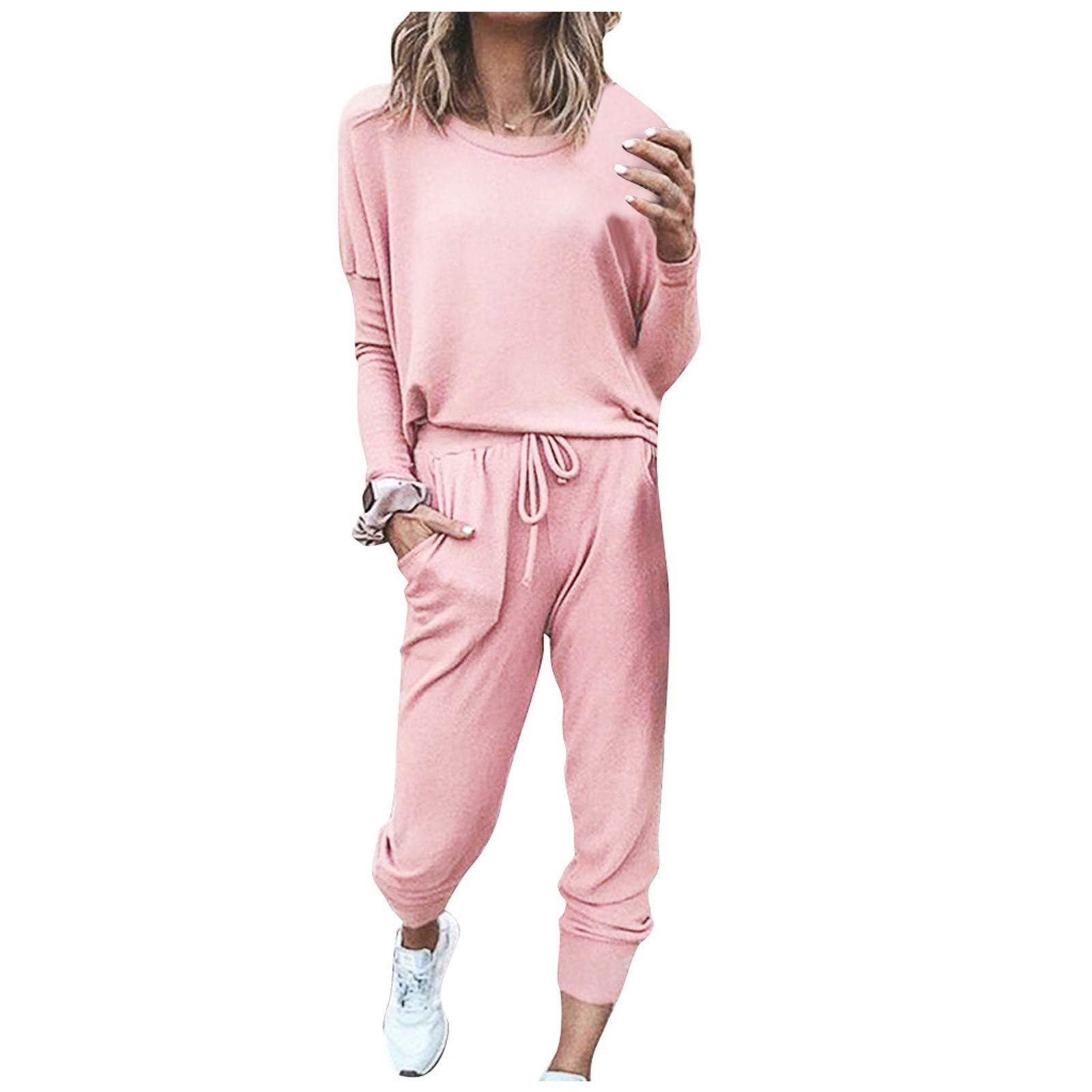 Droeadgor deal+of the day womens amazon items under 1 dollar recently viewed items by me Fall Sweatsuits Women 2 Piece Outfit,Lounge Sets Long Pullover Tops & Long Pants Tracksuit Pink-2 L