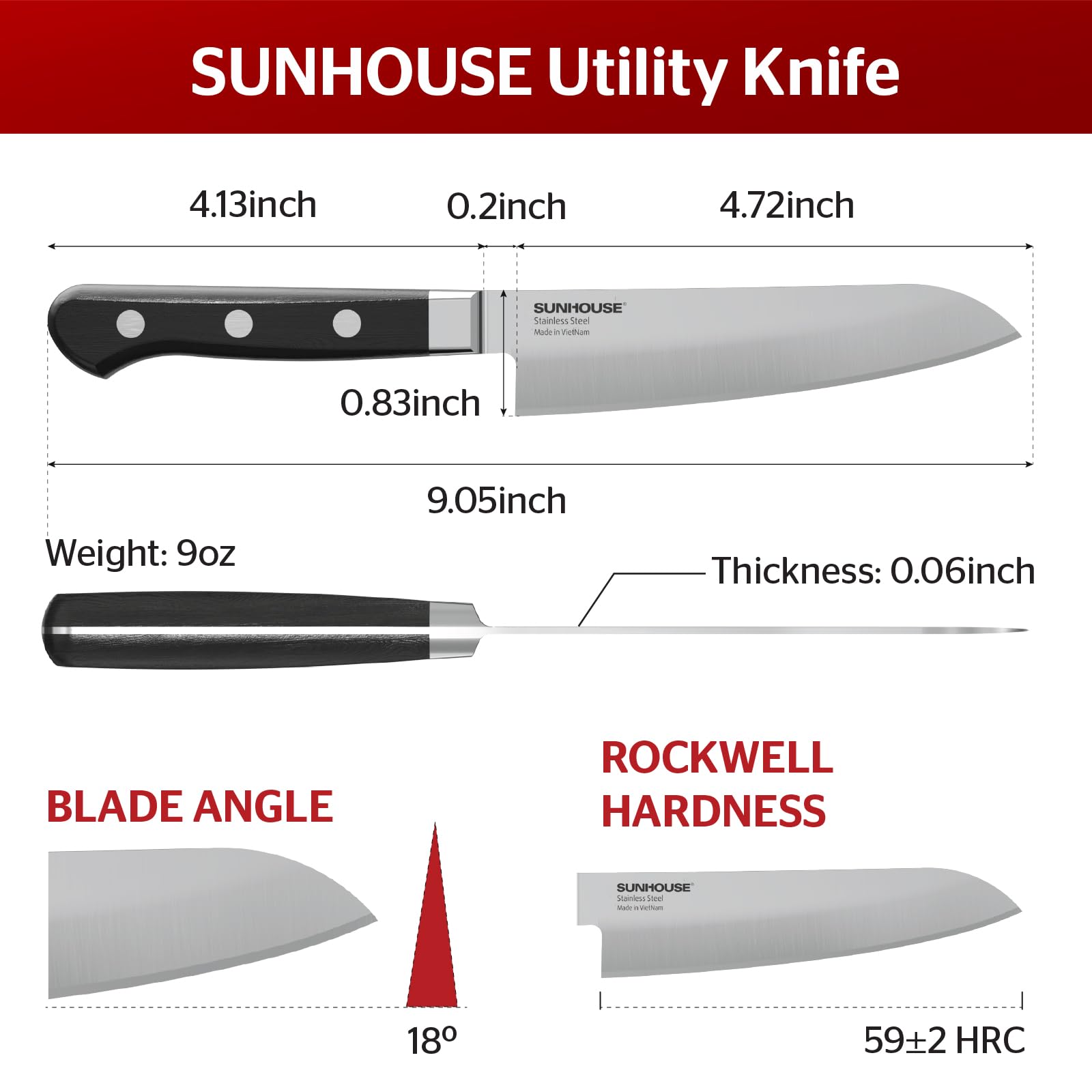 Sunhouse Japanese Chef Knife 4.7 inch, High end Paring knife, AUS-8 steel – Superior 59 HRC Hardness, Razor Sharp Blade, Full Tang, Ergonomic Handle, Perfect Gifts for Mom or Dad, Premium Gifts Box