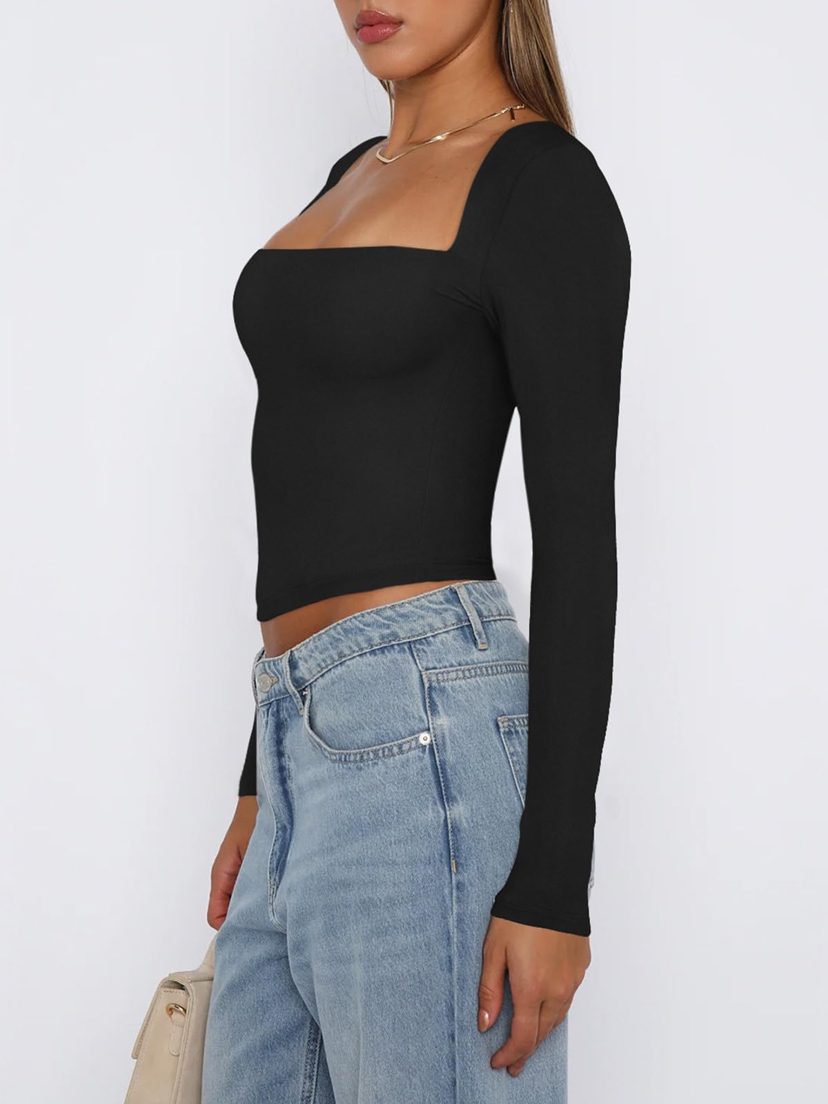 REORIA Women's Fall Sexy Casual Square Neck Long Sleeve Tight Cropped T Shirts Slim Fitted Basic Y2K Trendy Going Out Crop Tops for Teen Girls Black Medium