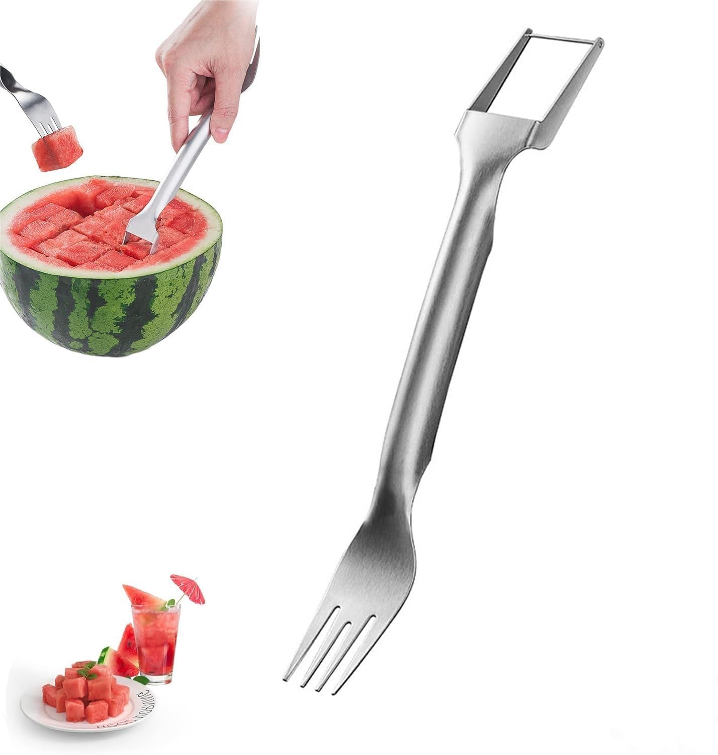 2-in-1 Stainless Steel Fruit Cutter, 2024 New Watermelon Slicer Cutter Summer Watermelon Fruit Cutting Fork, Stainless Steel Fruit Forks Slicer Knife for Home Kitchen Gadget (1)