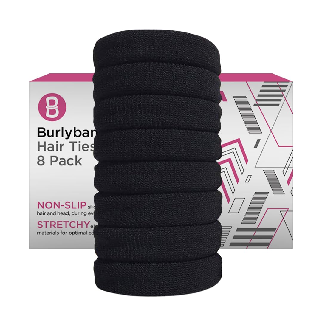 Burlybands Large Hair Ties for Thick, Heavy or Curly Hair - Non-Slip, Non-Damage, Seamless Women's Ponytail Scrunchies - Black, 8 Pcs