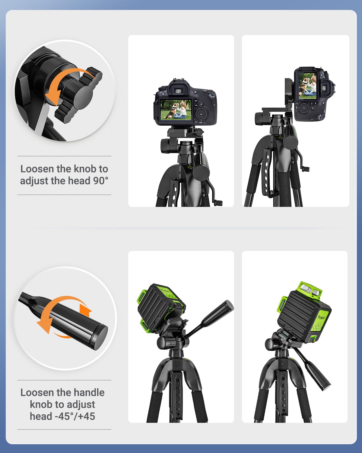 Laser Level Tripod, Huepar 56-inch Extendable Height Tripod Use with Line Lasers, Point Lasers, Laser Distance Measures, 1/4" and 5/8" Thread Mount, Multi-Function Hook, Non-Skid Feet, TPD14