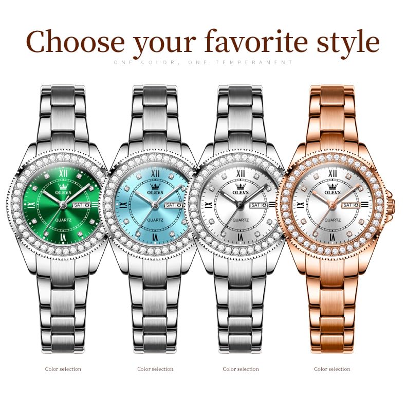 OLEVS Green Women Wrist Watches Luxury Fashion Quartz Analog Stainless Steel Waterproof Ladies Watch Diamond Dial Gift Women Watch