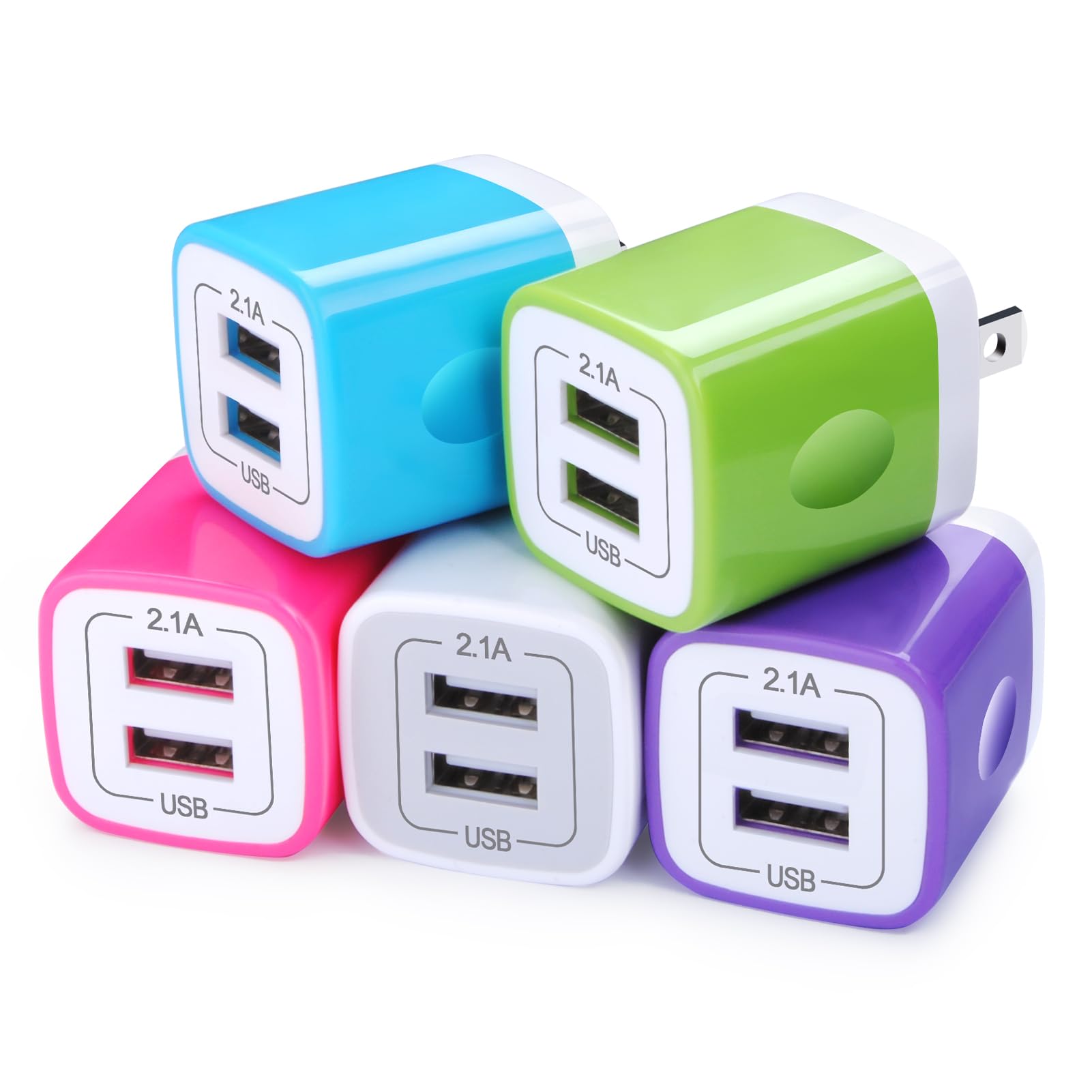 USB Wall Charger Adapter, FiveBox 5Pack 2.1Amp Fast Dual Port Wall Charger USB Plug Charging Block Charger Brick Cube Charger Box for iPhone 16 Pro Max 15 14 13 12 11 Xs XR X 8 7, Samsung, Android