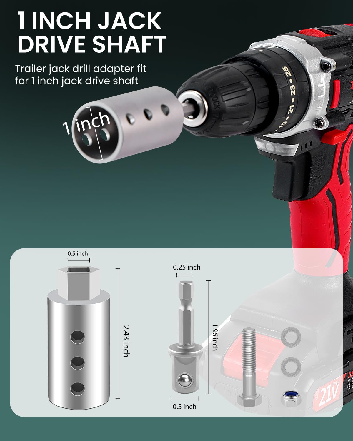Heavy Duty Trailer Jack Drill Adapter with Cordless Drill, 1/2 to 1 Stainless Steel Socket Adapter Fits Any 1" Drive On Trailer Jack - 1Pack.