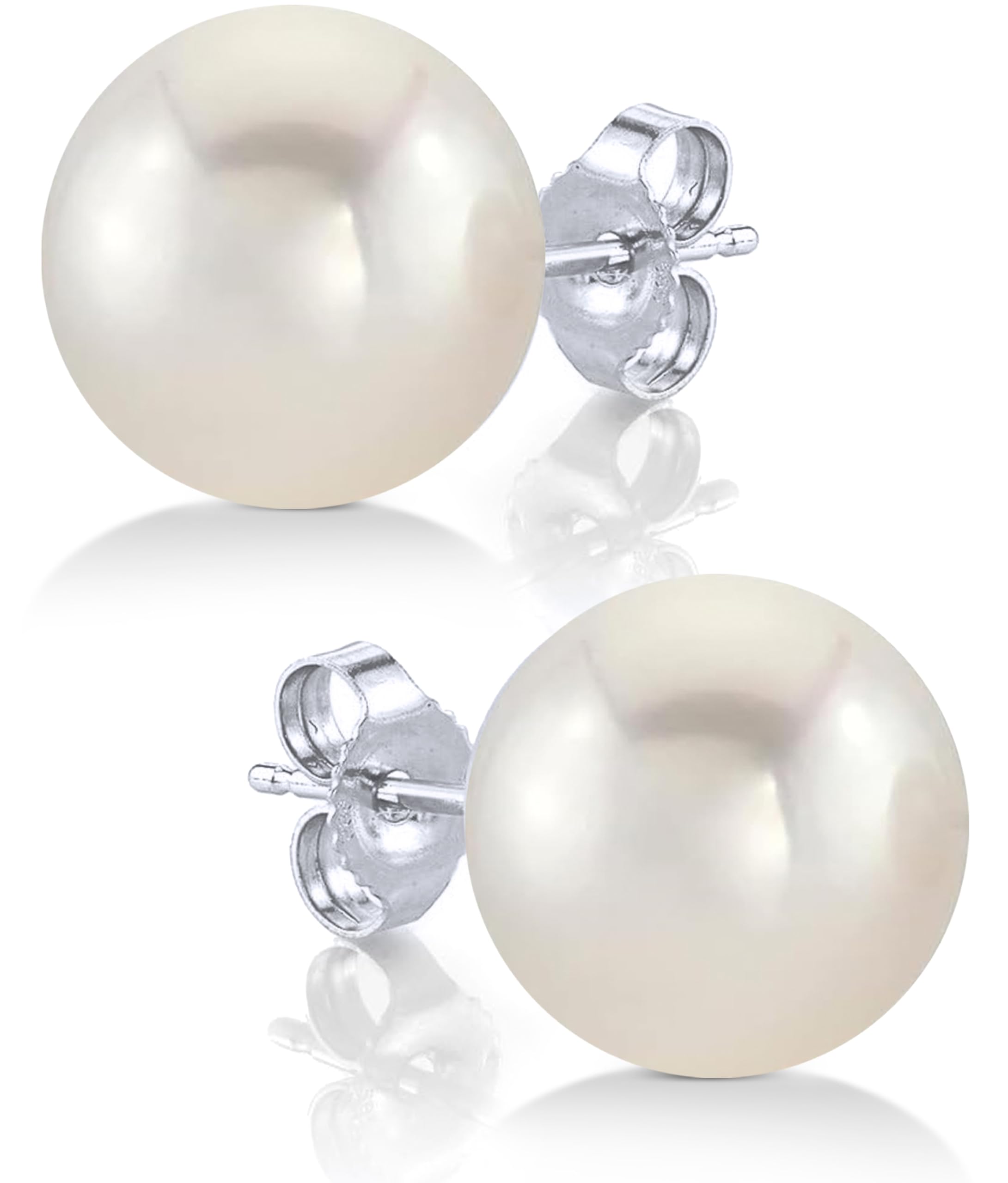 THE PEARL SOURCE Real Pearl Stud Earrings for Women, 14K White Gold Genuine AAA Cultured Freshwater Pearls, Classic Round White Pearl Jewelry Gift for Women, Hypoallergenic Fine Jewelry, 10-10.5mm