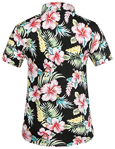 SSLR Women Floral Blouses Casual Button Down Shirts Short Sleeve Hawaiian Shirts for Women (Medium, Black Red)