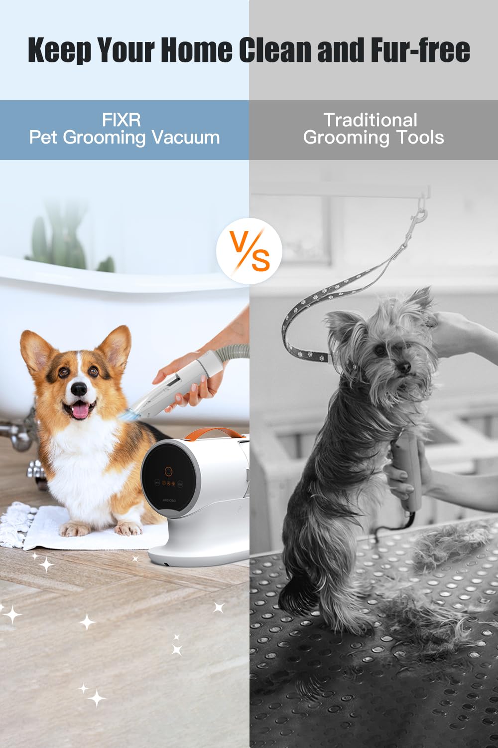 FIXR Powerful Pet Vacuum for Grooming - 12000Pa Suction, 2L Dust Cup, Low Noise, 3 Levels, 5 Grooming Tools
