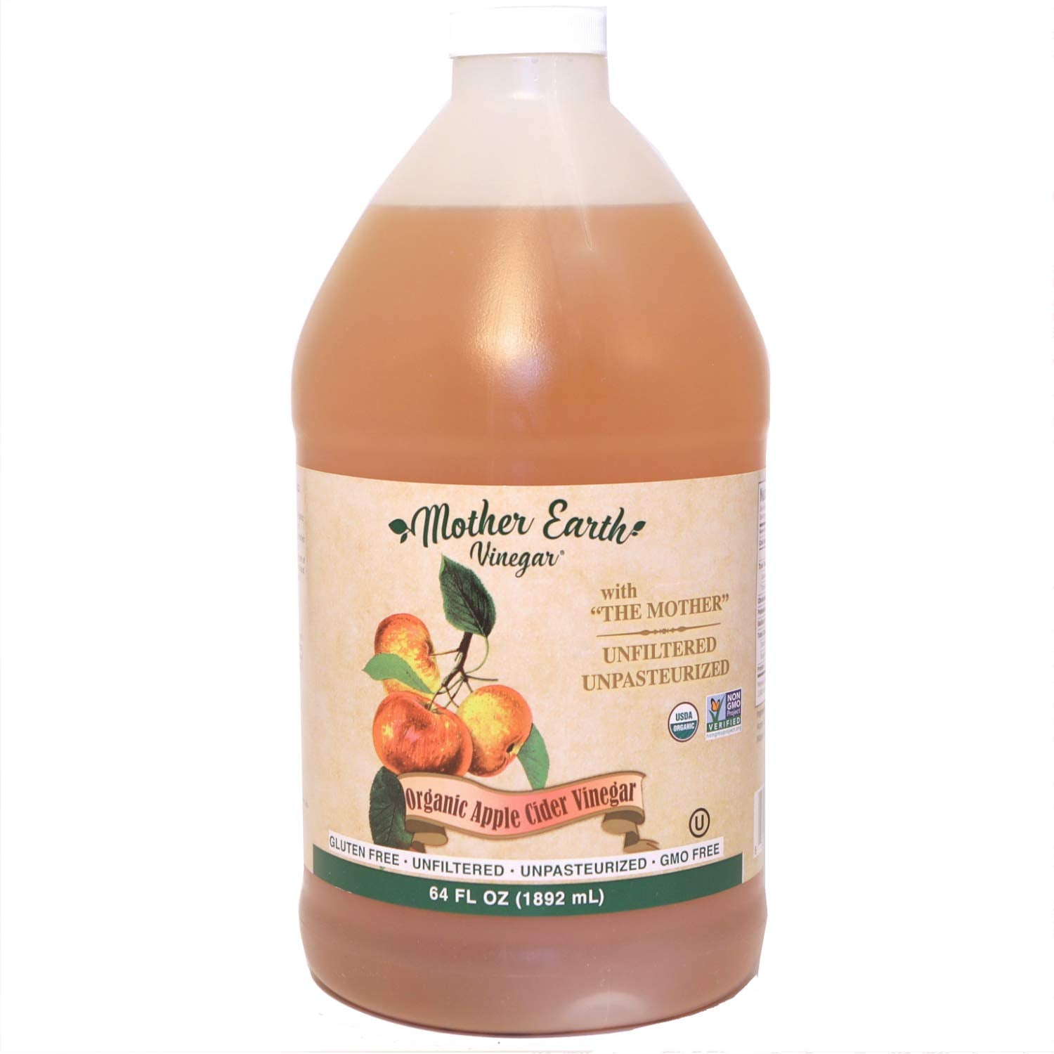 Mother Earth, Organic Apple Cider Vinegar with The Mother, Half Gallon, Fresh Pressed Organic Apples, OACV, ACV, Raw, Unpasteurized, Unfiltered (1/64oz Bottle)