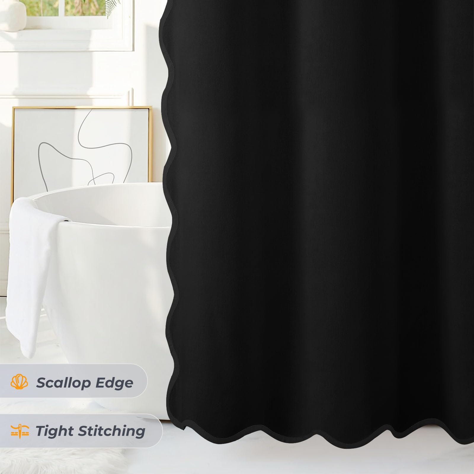 Seasonwood Black Scalloped Shower Curtain 72 x 72 Inches, Aesthetic Shower Curtain Elegant Pretty Shower Curtains Black