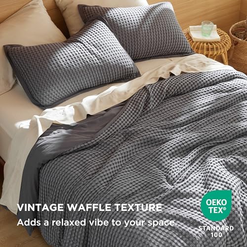 Bedsure Cooling Waffle Duvet Cover Queen - Cotton Blend Rayon Derived from Bamboo Duvet Cover Ser for Hot Sleepers, Breathable Bedding Set with a Vintage Charm, 3 Pieces (Charcoal, Queen, 90"x90")