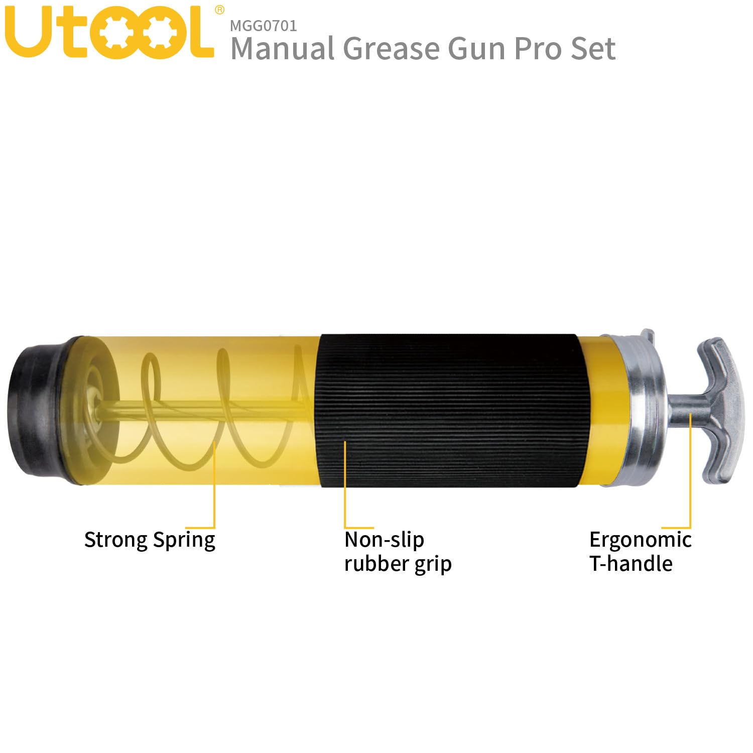 UTOOL Grease Gun, 8000 PSI Heavy Duty Pistol Grip Grease Gun Kit, 14 oz Load, 20 Inch Rubber Flex Hose, 1 Patented Double Handle Coupler, 1 Basic Coupler, 1 Needle Nozzle, 1 Hose Swivel, Yellow