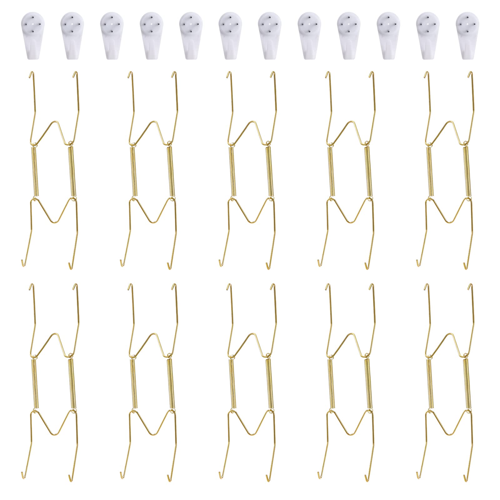 Fasunry 10-Piece Brass Plate Wall Hangers, 8 Inch Invisible Decorative Plate Holders, Comes with 12-Piece Wall Hooks