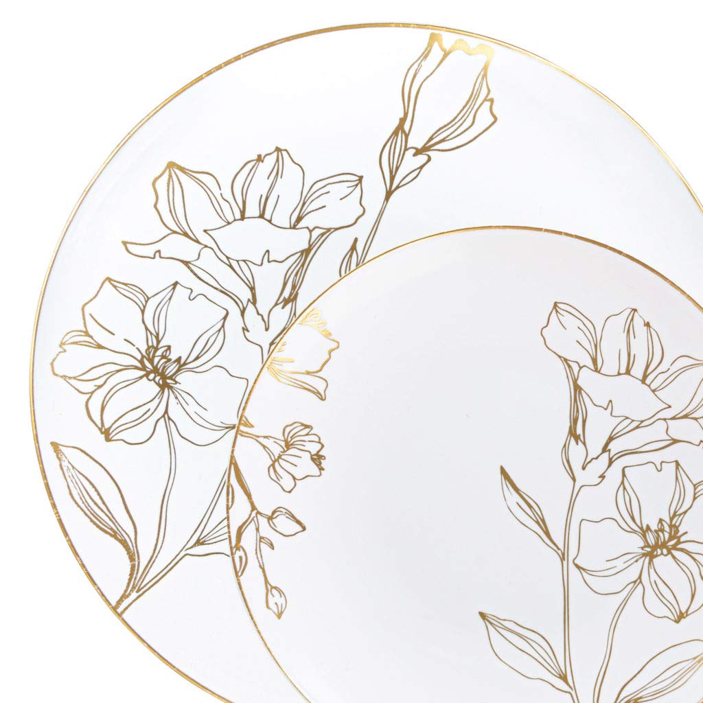 Blue Sky Elegant & Antique Gold Floral Combo Plates (10" & 7" - 32 Pcs) - Vintage Design Party Plates, Perfect for Weddings and Special Occasions